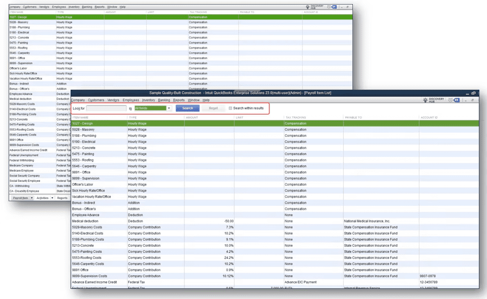 QuickBooks Desktop Payroll Item List