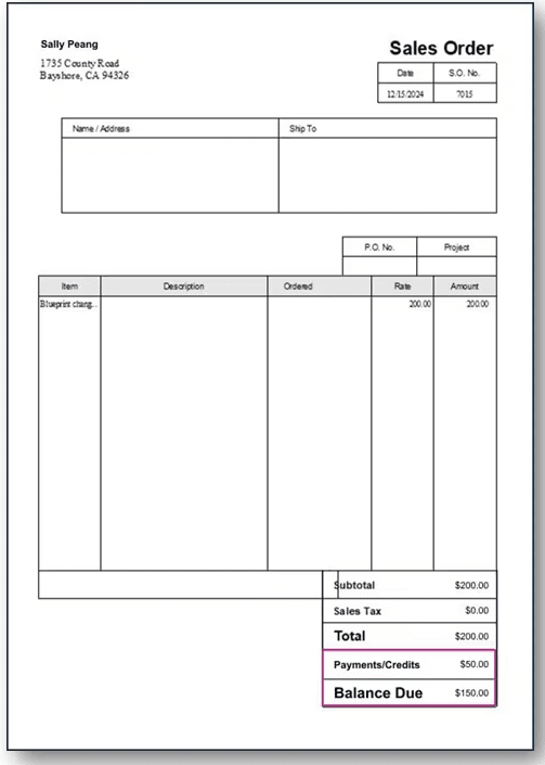 QuickBooks Desktop Prepayments on Sales Orders
